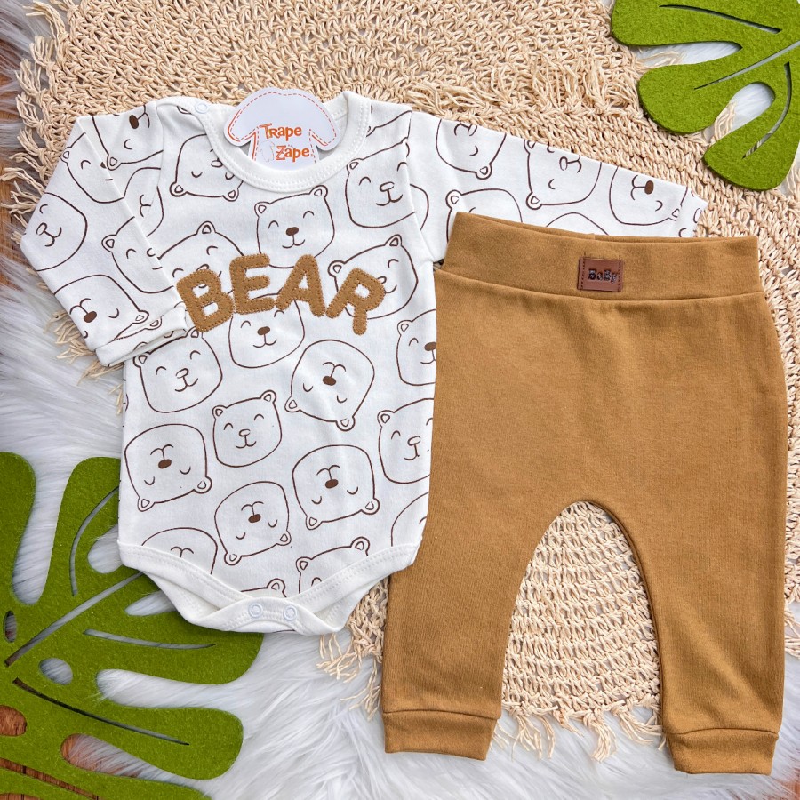 Conj. Body Manga Longa Bear e Calça - Off White e Caramelo